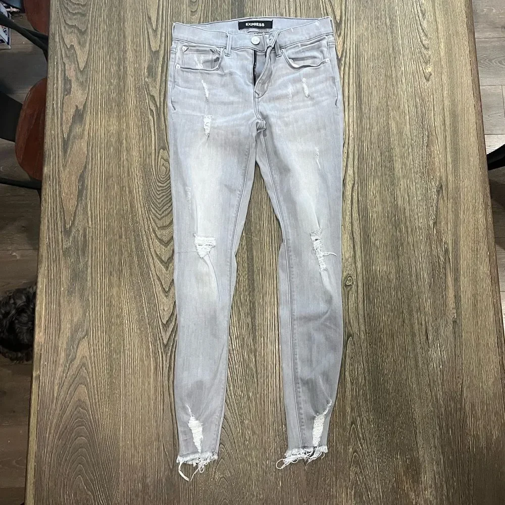 Express Ankle Legging Jeans Mid-Rise Distressed Stretch Denim Raw Hem Grey 4L